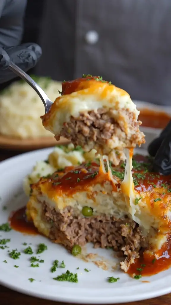 Delicious meatloaf served with creamy mashed potatoes and melted cheese.