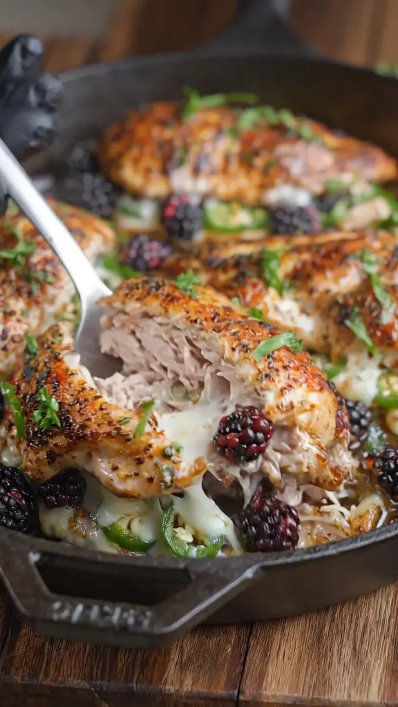 Melty blackberry jalapeño stuffed chicken ready to serve on a plate.