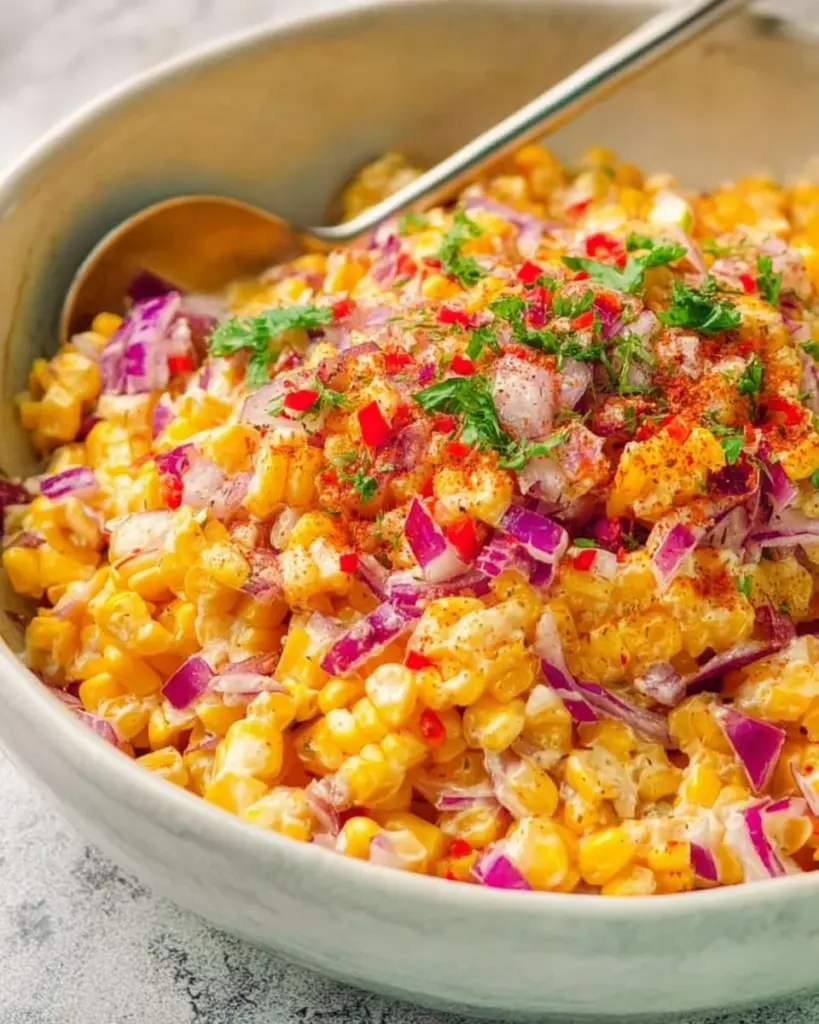 Colorful Mexican corn slaw with fresh ingredients in a bowl.