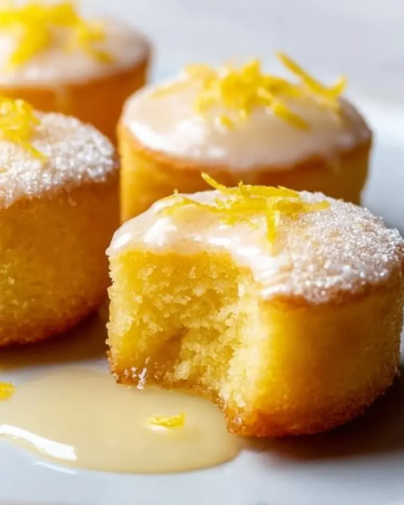 Mini lemon drop cakes topped with lemon glaze on a serving platter.