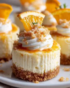 Mini orange cream cheesecakes served on a plate with a zest decoration.