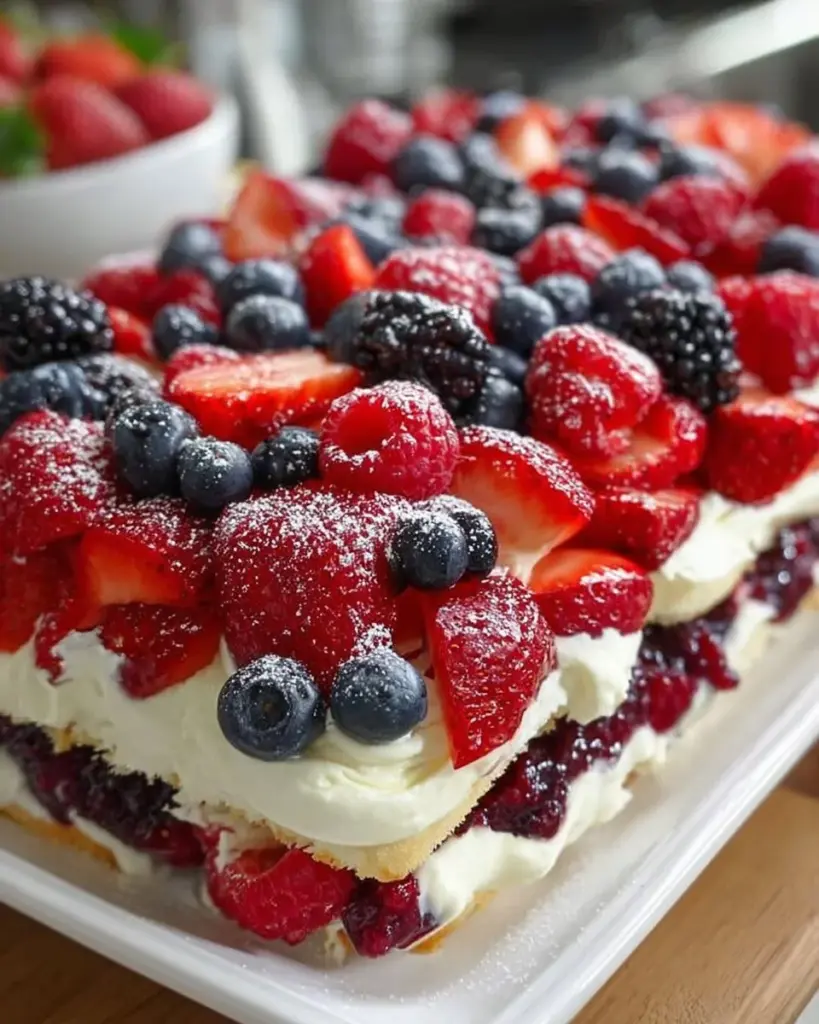 No Bake Summer Berry Lasagna with layers of fresh berries and creamy filling