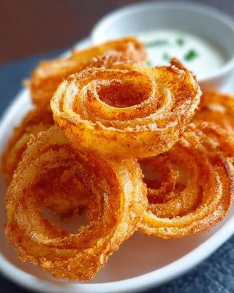 A bowl of delicious onion ring chips, crispy and golden-brown snack.