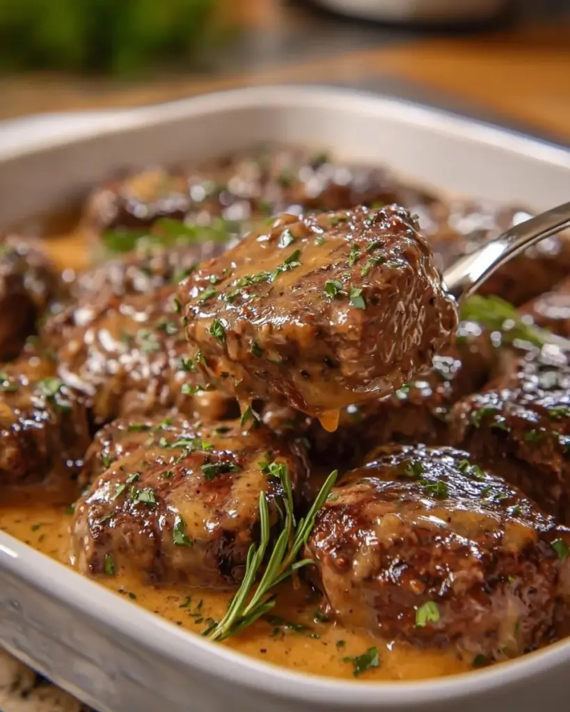 Oven baked Amish beef and gravy bake in a dish garnished with herbs.
