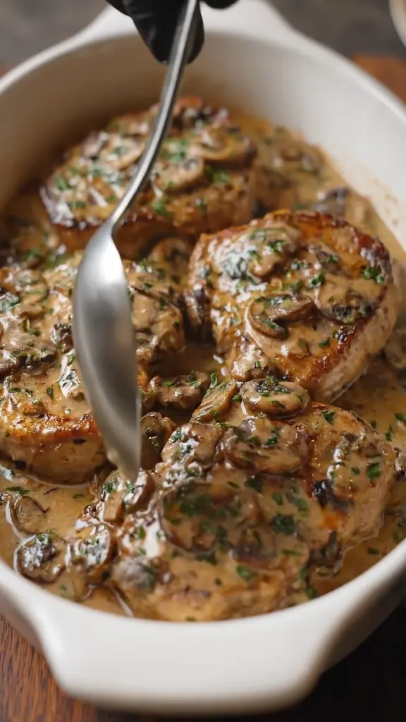 Oven baked creamy mushroom beef chops on a plate with herbs