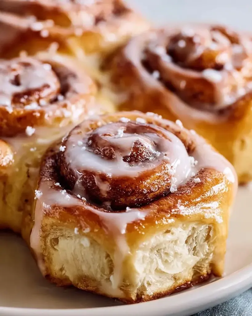 Fluffy overnight cinnamon rolls topped with icing on a wooden table