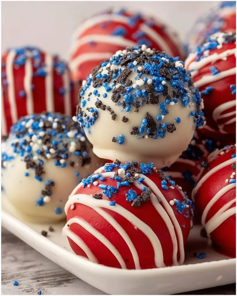 Patriotic Oreo Balls decorated in red, white, and blue for festive occasions