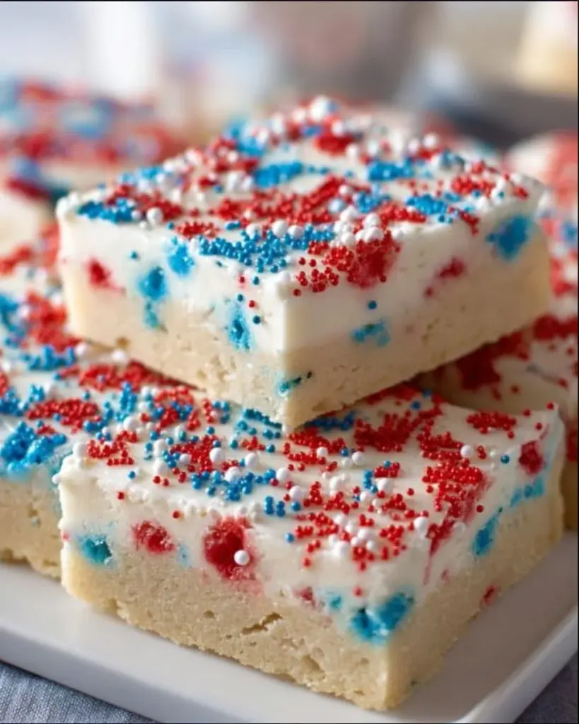 Delicious Patriotic Sugar Cookie Bars decorated with red, white, and blue icing