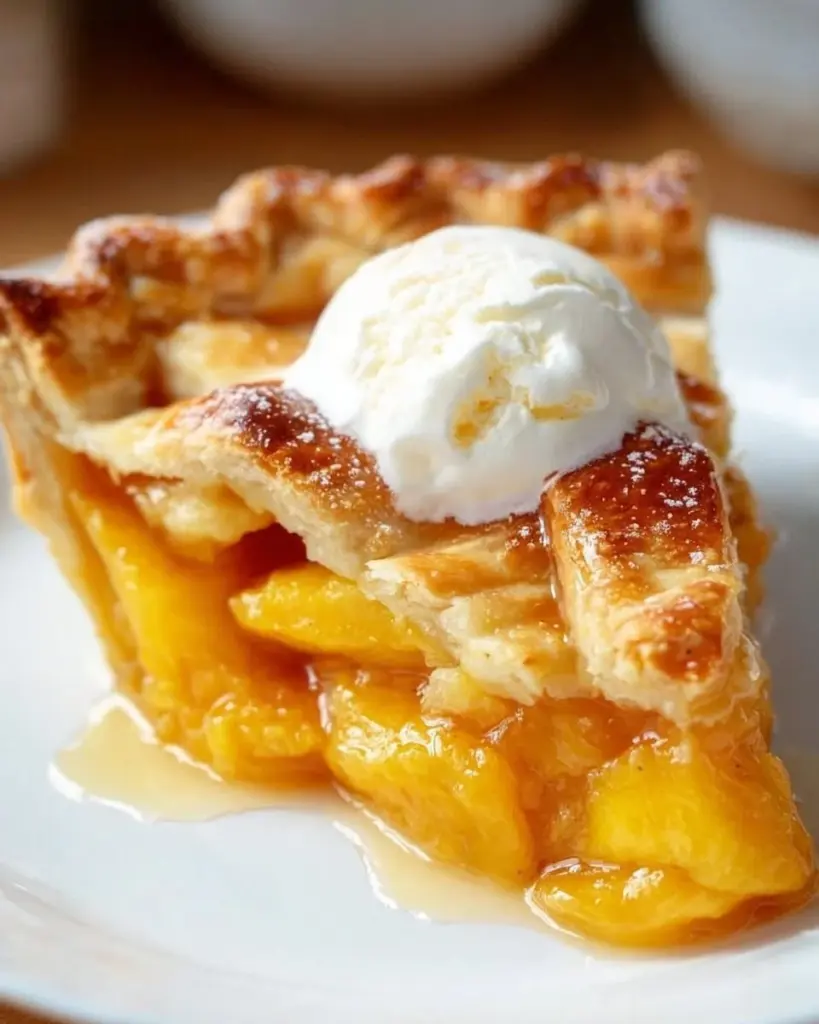Freshly baked peach pie with golden crust and ripe peach filling