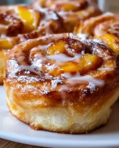 Peach Pie Cinnamon Rolls topped with sweet glaze and fresh peaches