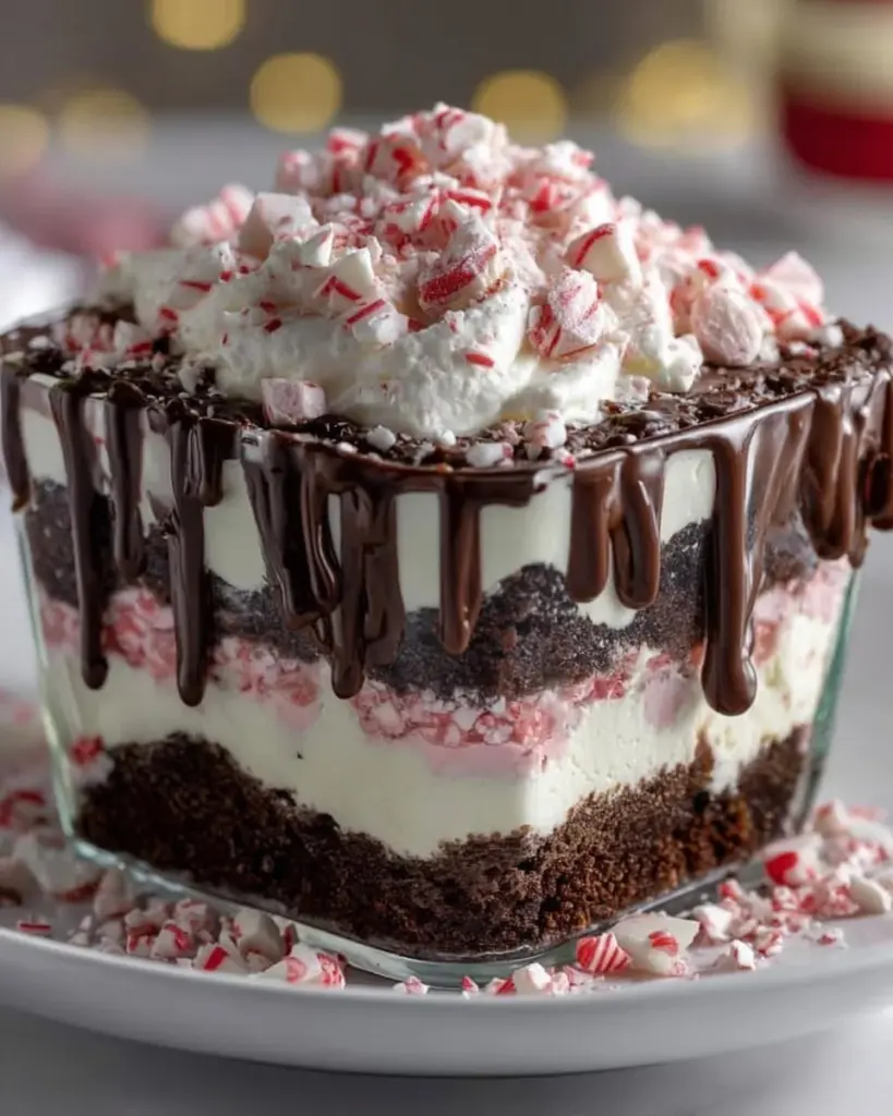 Peppermint cheesecake brownie trifle featuring layers of brownie and cream cheese.
