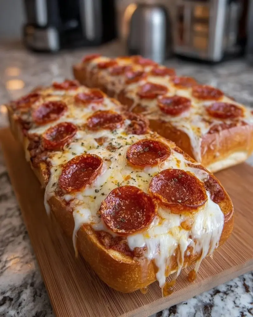 Pepperoni pizza bread fresh out of the oven with savory toppings and cheese.