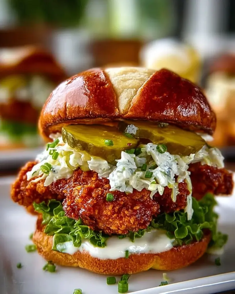 Delicious pickle brined fried chicken sandwich with crispy texture and toppings.