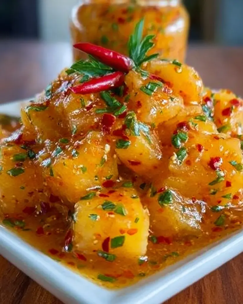 Bottle of Pineapple Habanero Hot Sauce with vibrant colors and fresh ingredients.