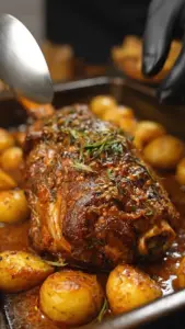 Perfectly roasted beef shank served with vegetables and herbs