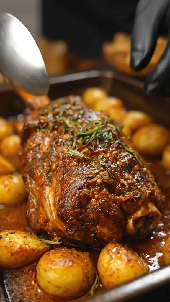 Perfectly roasted beef shank served with vegetables and herbs