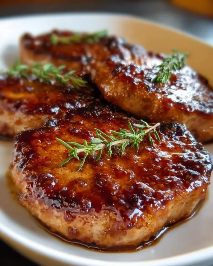 Savory caramelized pork chops served on a plate with herbs