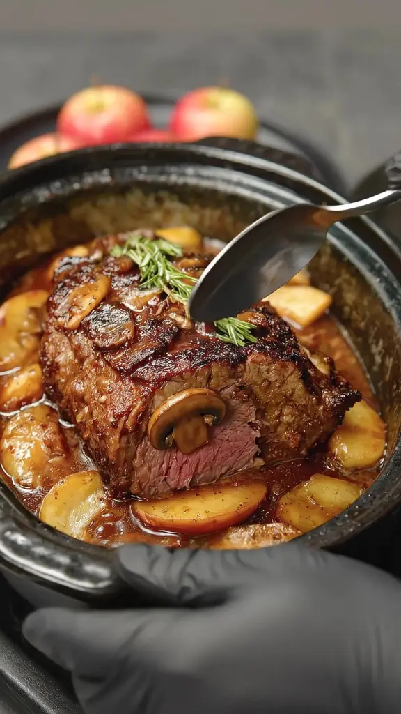 A delicious slow cooker apple cider beef roast served with vegetables.