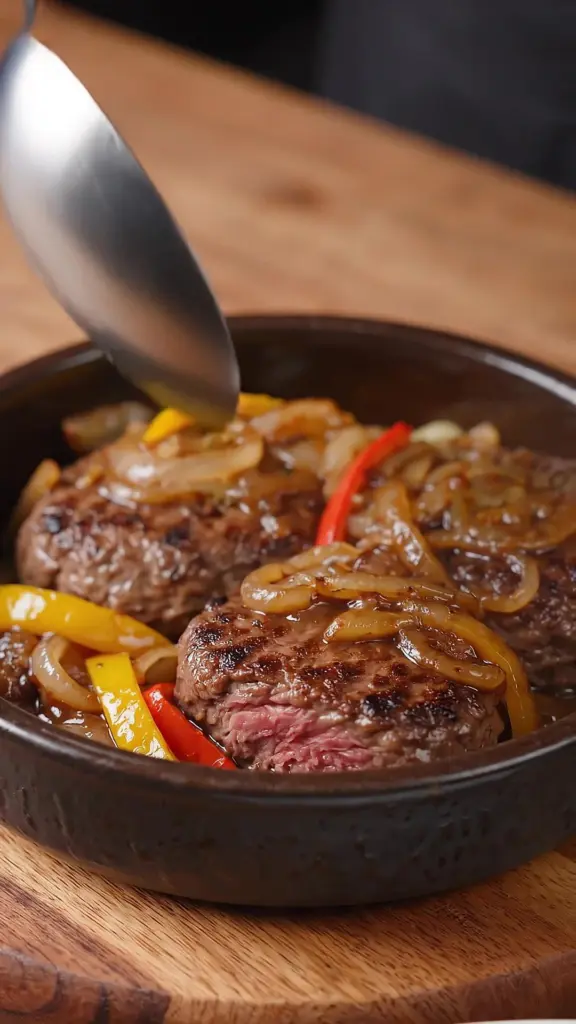 Slow cooker smothered pepper and onion burger steaks served on a plate.