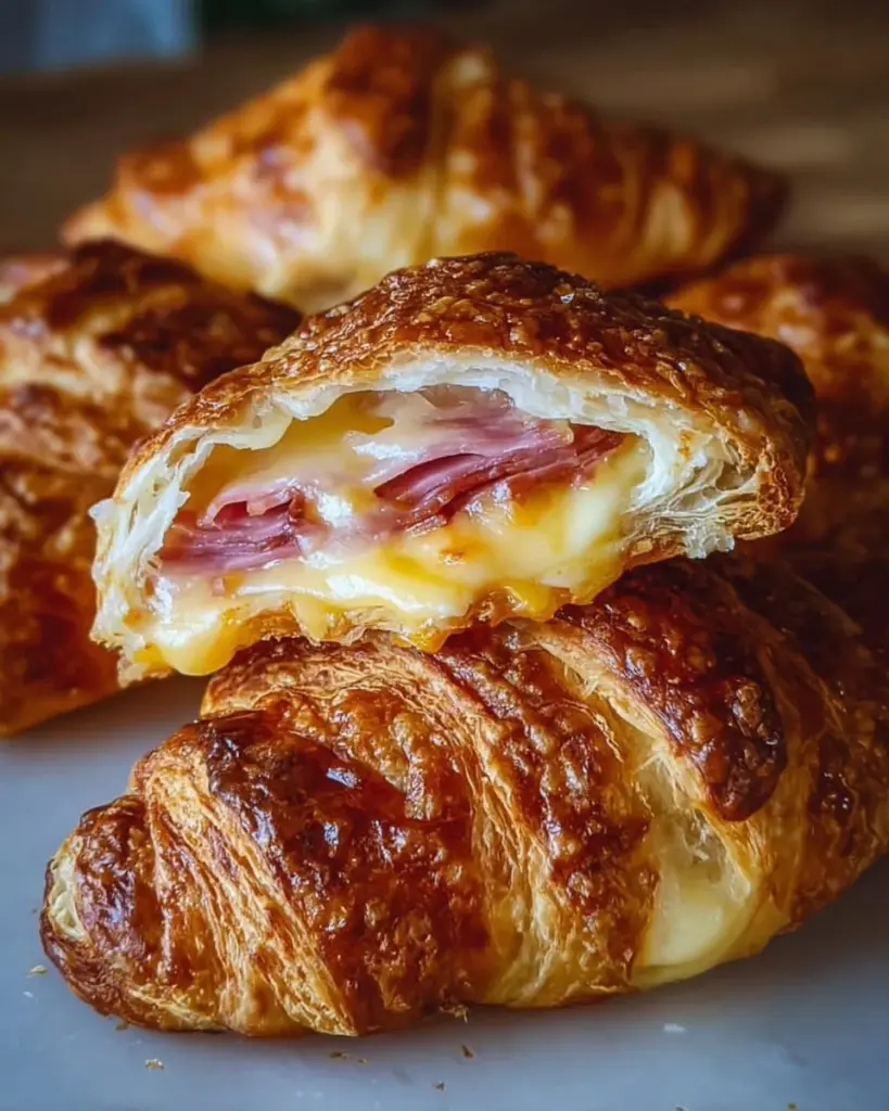 Freshly baked sourdough ham and cheese croissants on a wooden board