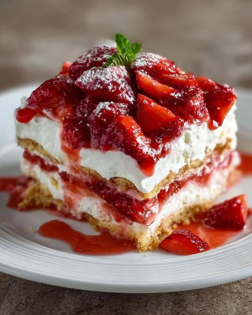 Delectable Strawberry Cheesecake Lasagna with fresh strawberries and creamy layers