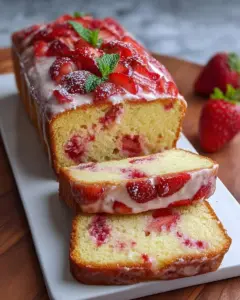 Slice of Strawberry Cream Cheese Pound Cake with fresh strawberries on top