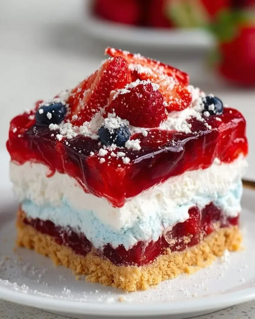 Summer Berry Jello Lasagna dessert on a plate with fresh berries