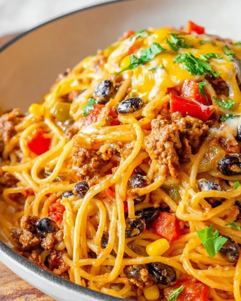 Delicious Taco Spaghetti Bake topped with cheese and fresh ingredients