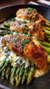 Asparagus mozzarella stuffed chicken served on a plate with fresh herbs.