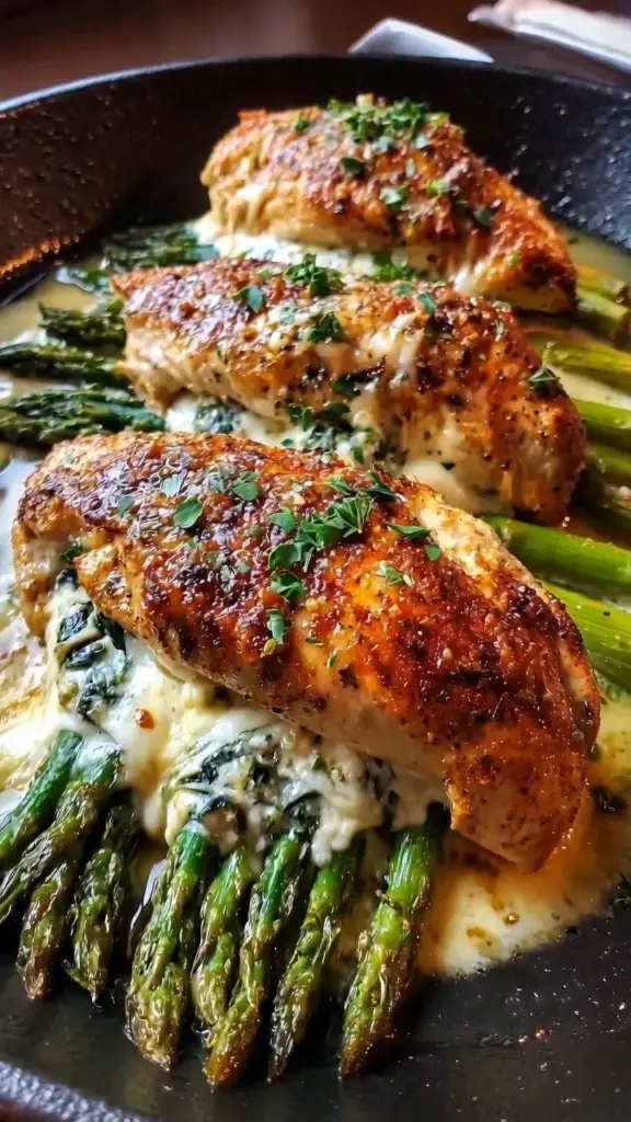 Asparagus mozzarella stuffed chicken served on a plate with fresh herbs.