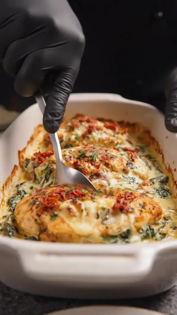 Baked Tuscan chicken casserole topped with cheese and herbs in a dish.