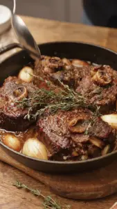 Delicious beef confit with garlic and onion, casserole style dish