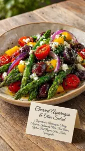 Charred Asparagus Greek Salad with fresh vegetables and feta cheese