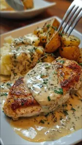Creamy garlic Parmesan chicken and potatoes in a skillet