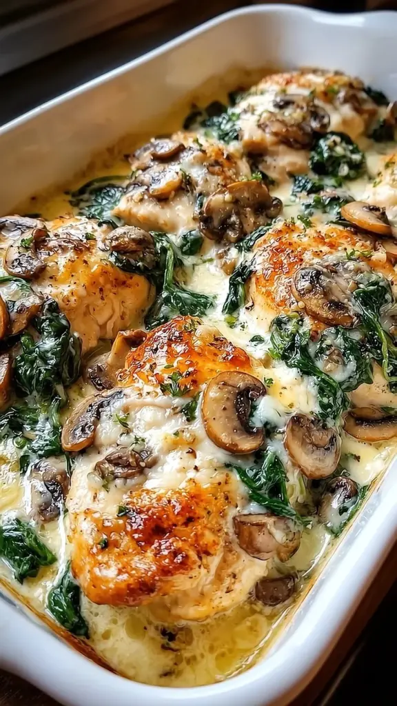 Chicken, spinach, and mushroom low-carb oven dish served on a plate