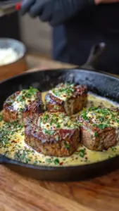 Creamy garlic butter steak medallions garnished with herbs on a plate