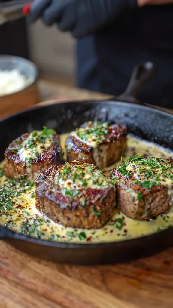 Creamy garlic butter steak medallions garnished with herbs on a plate
