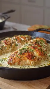 Creamy garlic chicken bake dish served hot, garnished with herbs
