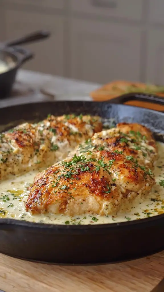 Creamy garlic chicken bake dish served hot, garnished with herbs