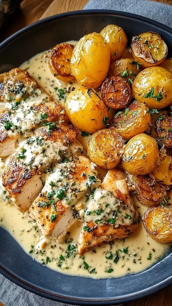 Creamy garlic chicken dish with roasted baby potatoes served on a plate.