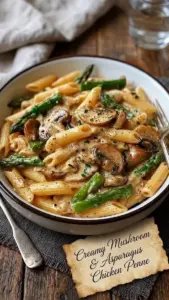 Creamy Mushroom and Asparagus Chicken Penne dish garnished and ready to serve