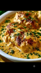 Creamy peanut chicken dish with vegetables and sauce served in a bowl