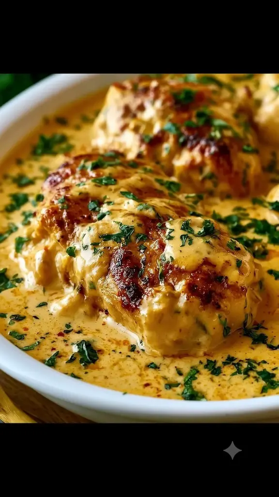 Creamy peanut chicken dish with vegetables and sauce served in a bowl