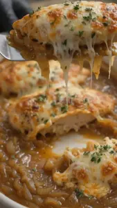 Delicious French Onion Chicken Bake topped with melted cheese and onions
