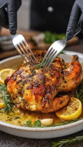 Garlic Herb Roast Chicken served with fresh herbs and garlic on a platter