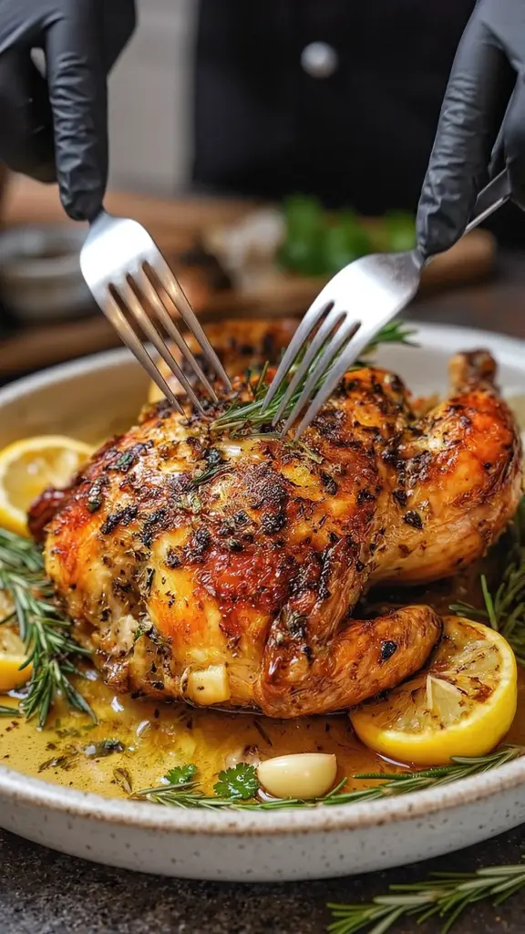 Garlic Herb Roast Chicken served with fresh herbs and garlic on a platter