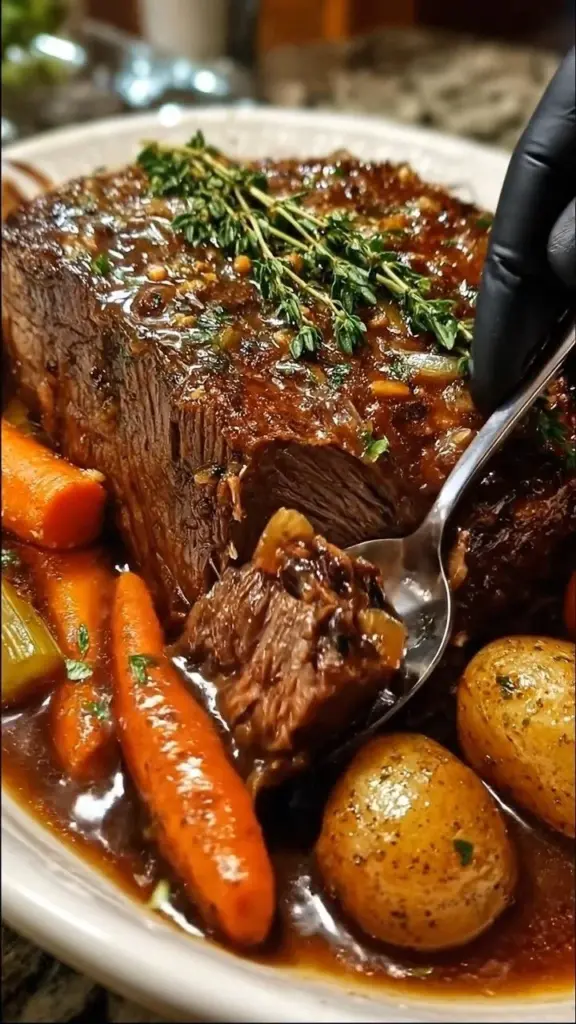 Plate of traditional German Sauerbraten served with red cabbage and dumplings.
