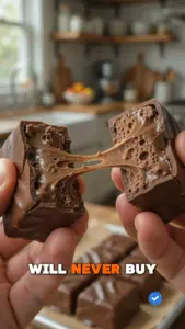 Homemade chocolate squares nougat candy with nuts and silky chocolate coating