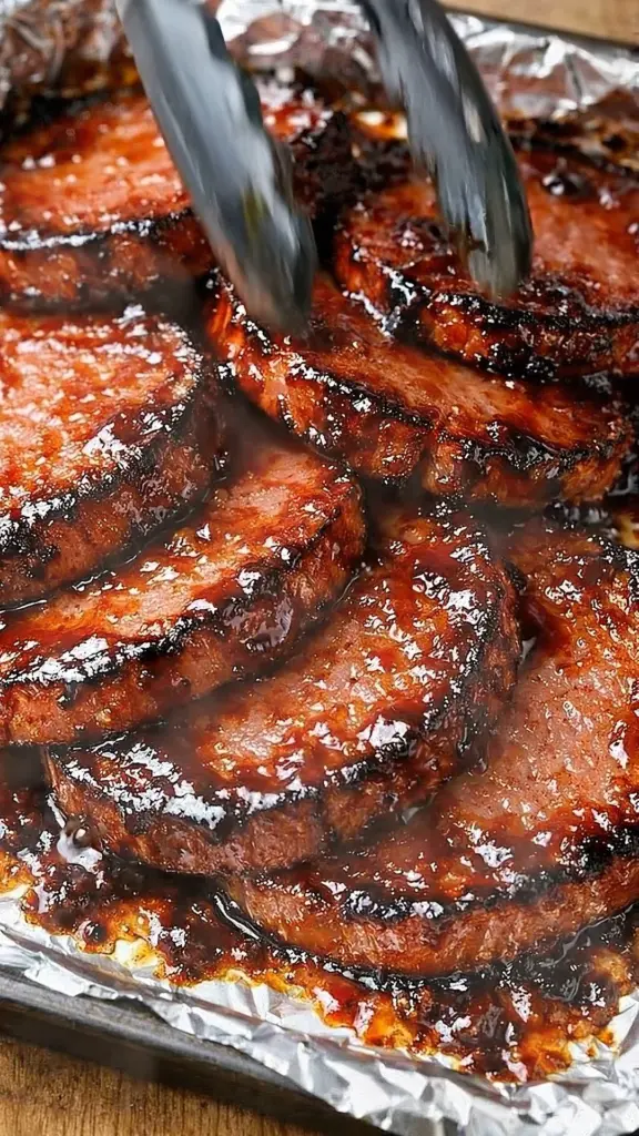 Honey-glazed sliced beef round garnished with vegetables