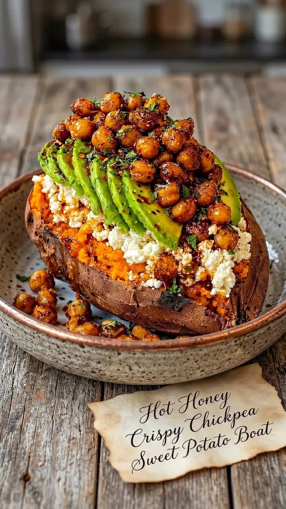 Hot Honey Crispy Chickpea Sweet Potato Boat topped with crispy chickpeas.